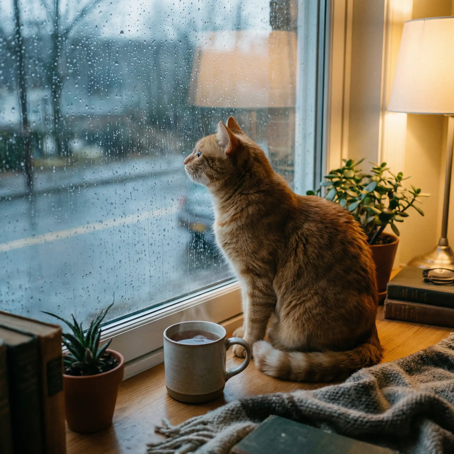 猫咪望着窗外的雨 - 老旺头大战秦雨